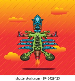 spaceship hand draw vector illustration flying on red sky with cloud background