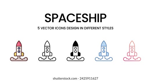 Spaceship Icon Design in Five style with Editable Stroke. Line, Solid, Flat Line, Duo Tone Color, and Color Gradient Line. Suitable for Web Page, Mobile App, UI, UX and GUI design.