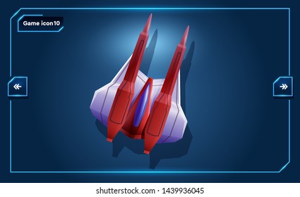 Spaceship icon element for space 2d game, on an isolated background.