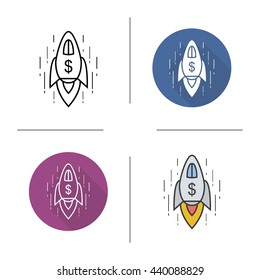 Spaceship icon. Flat design, linear and color styles. Goal achievement symbol. Rocket spaceship with dollar sign. Isolated vector illustrations