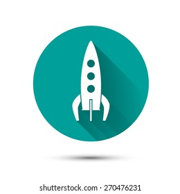 Spaceship icon on green background with long shadow