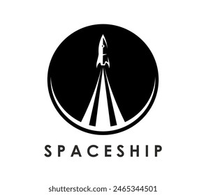 Spaceship icon of rocket launch, vector spacecraft, astronomy and galaxy explore. Rocket, spaceship or shuttle carrier silhouette with smoke trace isolated round badge, retro spacecraft symbol