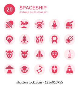 spaceship icon set. Collection of 20 filled spaceship icons included Ufo, Rocket, Astronaut, Observatory, Alien, Rocket launch, Missile, Comet, Meteorite, Ursa major, Science fiction