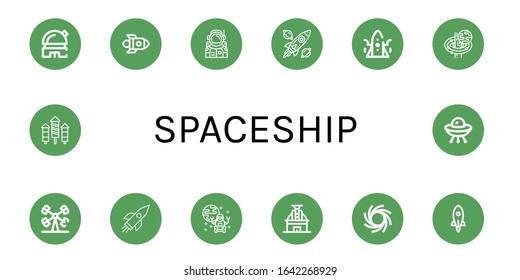 spaceship icon set. Collection of Observatory, Rocket, Astronaut, Spacecraft, Black hole, Booster, Rover, Ufo icons