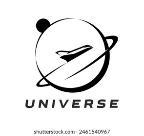 Spaceship icon of space rocket or galaxy shuttle on planet orbit for spaceflight program, vector emblem. Spaceship rocket on planet orbit sign for astronauts academy or galaxy exploration center