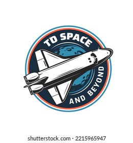 Spaceship icon of space rocket shuttle for galaxy exploration, vector symbol. Space aviation sign of spacecraft shuttle for planets discovery, lunar or mars mission and galactic spaceflight travel