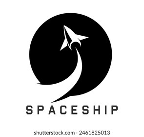 Spaceship icon of space ship, rocket and shuttle vector silhouette. Rocket startup or spaceship launch with takeoff smoke trace. Isolated round symbol of retro spacecraft, space travel and astronomy