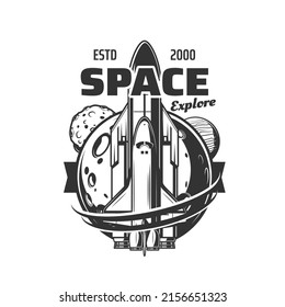 Spaceship icon, space shuttle launch to galaxy spaceflight, vector orbital station emblem. Space mission and planets discovery flight to galactic on rocket spacecraft or spaceship orbiter