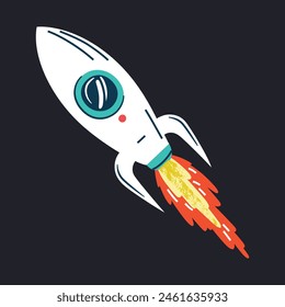 Spaceship icon, vector illustration of space shuttle on dark background, cartoon rocket, science symbol, explore universe, retro doodle, astronomy for children, space ship launch, interstellar flight