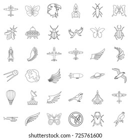 Spaceship icons set. Outline style of 36 spaceship vector icons for web isolated on white background