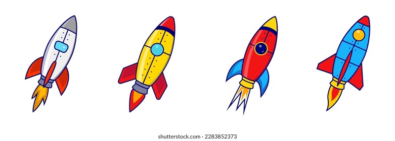 Iconos de la nave espacial establecidos. Icono de lanzamiento del cohete. Innovación en el símbolo de lanzamiento de cohetes espaciales. 