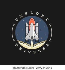 spaceship illustration badge vector on black background