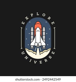 spaceship illustration badge vector on black background