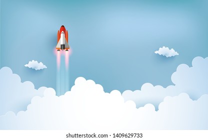 spaceship illustration flying over cloud. paper art design