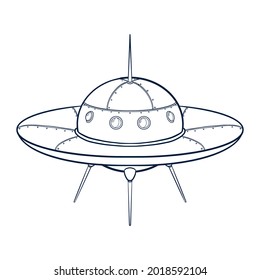 Spaceship Illustration. Line Art cartoon spacecraft icon. UFO sketch template for logo, emblem, Web design, Print, Sticker, Card