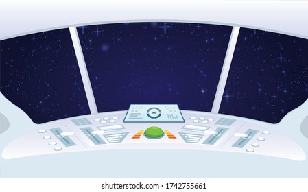 Spaceship Inside Space Stars Universe background. View of the Galaxy from a shuttle's illuminator. Space control panel