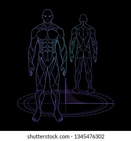 spaceship interface design detail, human body anatomy contour face and back , vector illustration isolated on black