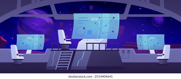 Spaceship interior of captains bridge. Cartoon futuristic command station. Vector illustration with radar screens, navigation panel, computer control center. Galaxy outside view with planets and stars