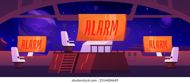 Spaceship interior of captains bridge. Cartoon futuristic command station. Vector illustration of computer control center with Alarm signal on the monitors. Galaxy outside view with planets and stars