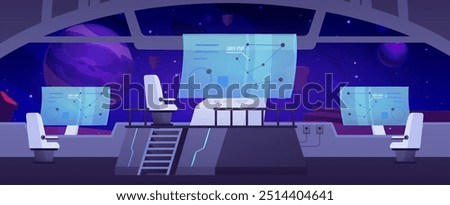 Spaceship interior of captains bridge. Cartoon futuristic command station. Vector illustration with radar screens, navigation panel, computer control center. Galaxy outside view with planets and stars