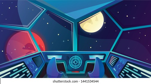 Spaceship interior of captains bridge with chair in cartoon style. Futuristic command post. Vector illustration with radar, screen, hologram, moon, mars and stars. Space. Cosmos vector