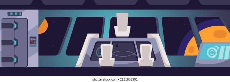 Interior de nave espacial, cabina de cabina con sillas y paneles de control, ilustración vectorial plana. Naves espaciales sobrevolando estrellas y cometas. Escena futurista para juegos.