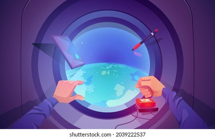 Spaceship interior with Earth view through round window. Concept of flight in shuttle for science discovery and travel. Vector cartoon illustration of man hands push home button in rocket in cosmos