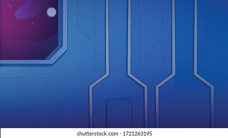 Spaceship interior flat vector illustration. Window view of planet from sci-fi space shuttle. Empty bridge display console of interstellar spacecraft