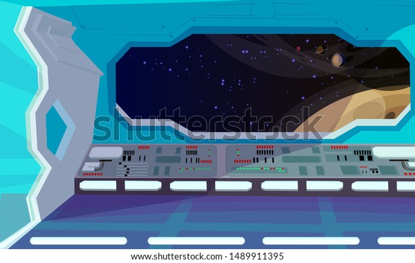 宇宙船内部の平らなベクターイラスト Sfスペースシャトルの惑星の窓ビュー 赤い背景 に緑のインジケーターライトを持つカートーンのダッシュボード 星間宇宙船の空のブリッジディスプレイコンソール のベクター画像素材 ロイヤリティフリー