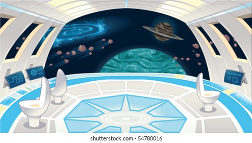 Spaceship Interior. Funny Cartoon And Vector Illustration.