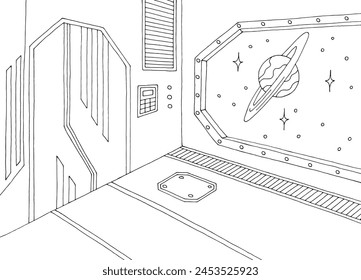 Raumschiff Innengrafik Schwarz Weiß Skizze Illustration Vektorgrafik 