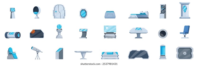 Raumschiff Innenraumicons gesetzt. Raumschiff futuristische Innenausstattungen repräsentieren moderne Technologie für Raumfahrt und Erforschung