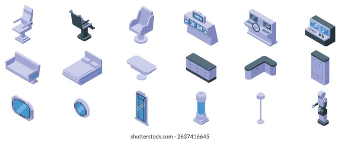 Spaceship interior icons set. Futuristic spaceship interior showcasing furniture and equipment for comfortable and efficient space travel