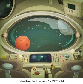 Spaceship Interior/ Illustration Of A Cartoon Graphic Scene Of Cosmic Spacecraft Interior Traveling Through Scifi Cosmos