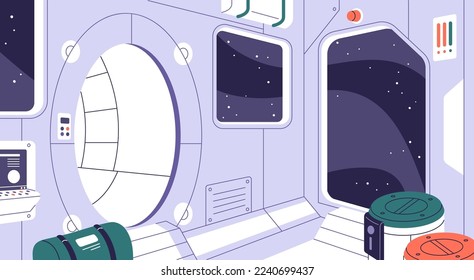 Spaceship interior. Inside space ship, station. Empty spacecraft, cosmos shuttle during flight in galaxy, universe. Interstellar, starship indoors with round door and window. Flat vector illustration