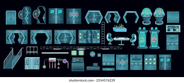Spaceship interior, laboratory set. Large constructor, elements for interior design of a space laboratory in cartoon styleVector illustration.