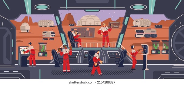 Spaceship interior landed on mars planet, flat vector illustration. Spacecraft with working astronauts inside. People on bridge or cockpit controlling work in space. Futuristic electronic devices.