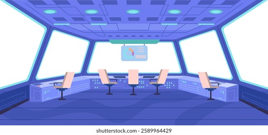 Spaceship interior with panoramic windows and empty space. Vector isolated futuristic look of cabin with seats, displays and control buttons and panels. Travels and journeys in cosmos universe