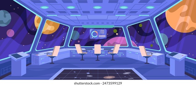 Spaceship interior and view on cosmos from window of ship. Vector shuttle with displays, computer board, seats for passengers and captains team. Futuristic room with control panels for flights