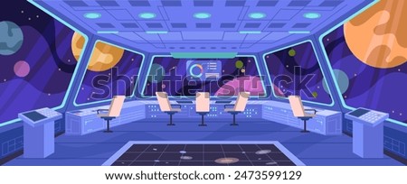 Spaceship interior and view on cosmos from window of ship. Vector shuttle with displays, computer board, seats for passengers and captains team. Futuristic room with control panels for flights