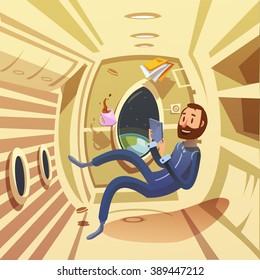 Spaceship Interior With Weightlessness And Work In Space Symbols Cartoon Vector Illustration 