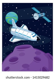Spaceship inthe galaxy passing by milkyway planets ans satellite card vector illustration graphic design