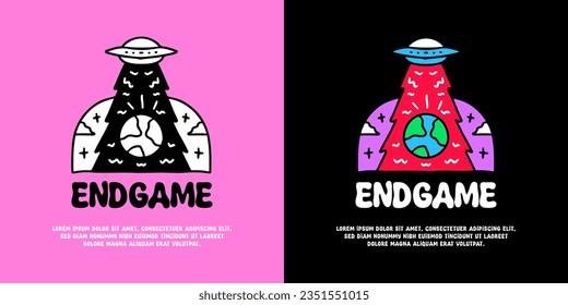 Spaceship invasion earth planet endgame typography, illustration for logo, t-shirt, sticker, or apparel merchandise. With doodle, retro, groovy, and cartoon style.