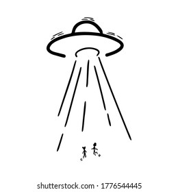 A spaceship kidnaps little people. Illustration in Doodle style. Unidentified flying object. Linear illustration in black of the spacecraft. Vector illustration