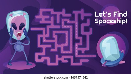 Spaceship labyrinth with cartoon character template. Martian and spacecraft, flying saucer find path maze with solution for educational kids game. Cosmic adventure printable flat vector layout