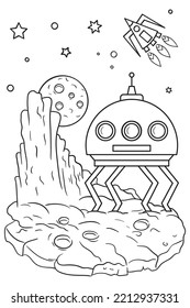 A spaceship landed on an asteroid. The moon and a space rocket can be seen in the distance. Black and white vector illustration for coloring book.