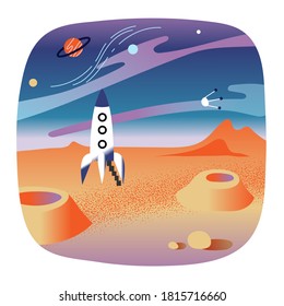 Spaceship landing on planet background. Galaxy and universe elements vector illustration. Retro pattern wallpaper or colorful poster, art cover, cosmic banner. Comets and blue sky in space.
