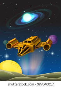 Spaceship landing on planet illustration