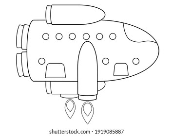 Spaceship lands horizontally - vector linear picture for coloring. Outline. Rocket for space research, tourism and cargo delivery. A ship for interplanetary travel.