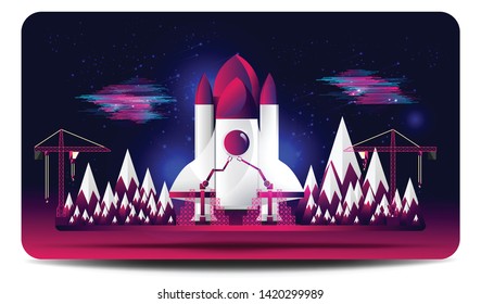 Spaceship launch construction site card. EPS10, Vector, Illustration.